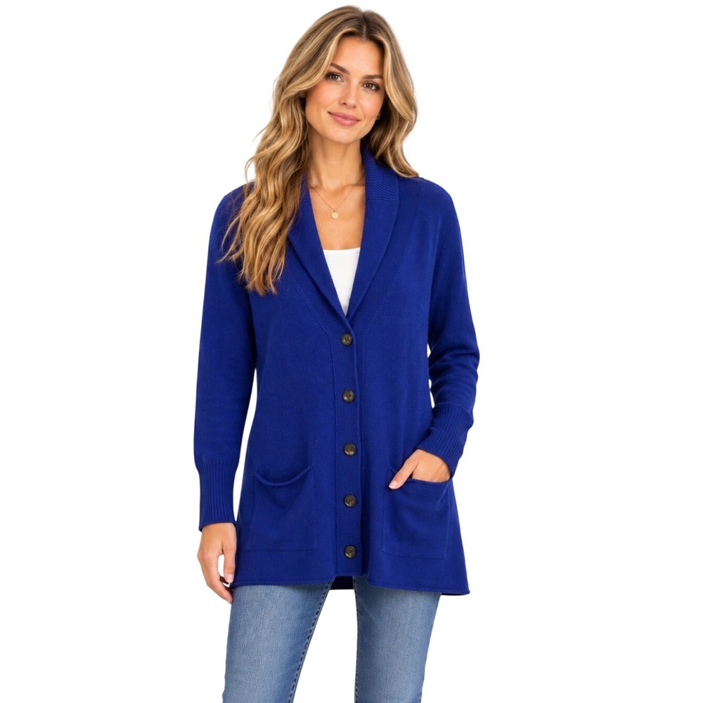 Eileen Fisher Merino Wool Cashmere Shawl Collar Cardigan Sweater Blue Medium